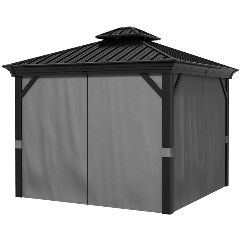 Outsunny 10' x 10' Black Steel Hardtop Gazebo with Netting and Curtains