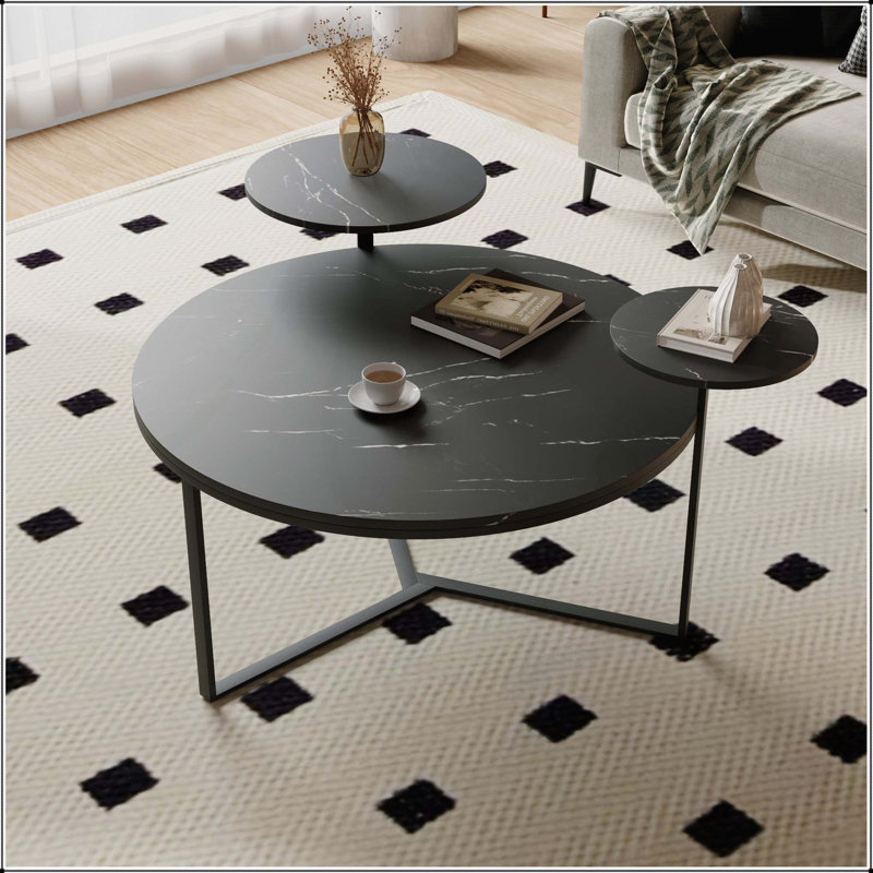 Modern Round Coffee Table with Two Display Shelves, Surfaces, and Tripod-Inspired Metal Base