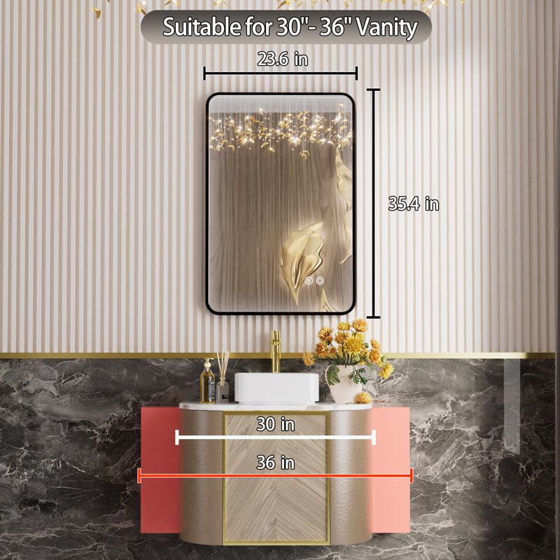 Miroir de salle de bain avec cadre en aluminium et éclairage à DEL, 36 po x 24 po, Noir