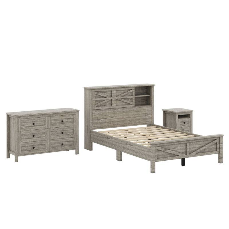 Ensemble de chambre à coucher 3 pièces avec lit plateforme, table de chevet et commode Farmhouse, Antique Grey