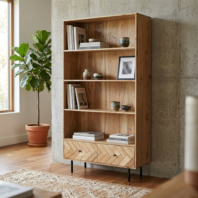Taylors 185cm Oak Bookcase with 2 Drawers Black Metal Legs Display Shelving Unit For Home & Livings