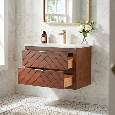 Meuble-lavabo mural simple 30 po avec lavabo en céramique intégré et tiroirs à motif de chevrons à fermeture en douceur