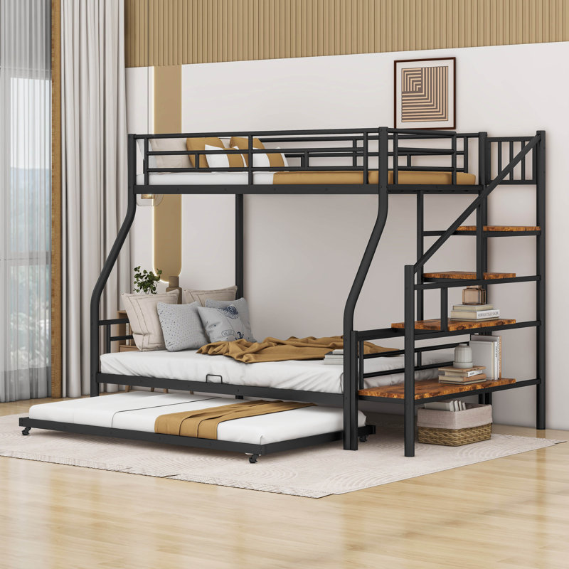 Lit superposé simple au dessus d'un futon en métal avec lit gigogne, Noir