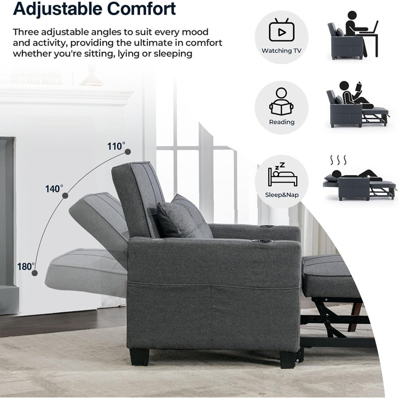 Futon-chair convertible 3-en-1 avec ports USB, résistant à l'usure, H 33 po x l 34 po x P 29 po, Gris foncé