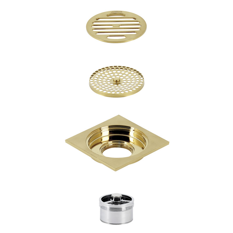 Kingston Brass Watercourse 4-Inch Square Grid Shower Drain with Hair Catcher, Brushed Brass