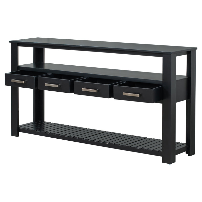 Grande table d'entrée avec 4 tiroirs, 3 tablettes ouvertes et poignées en métal, Noir