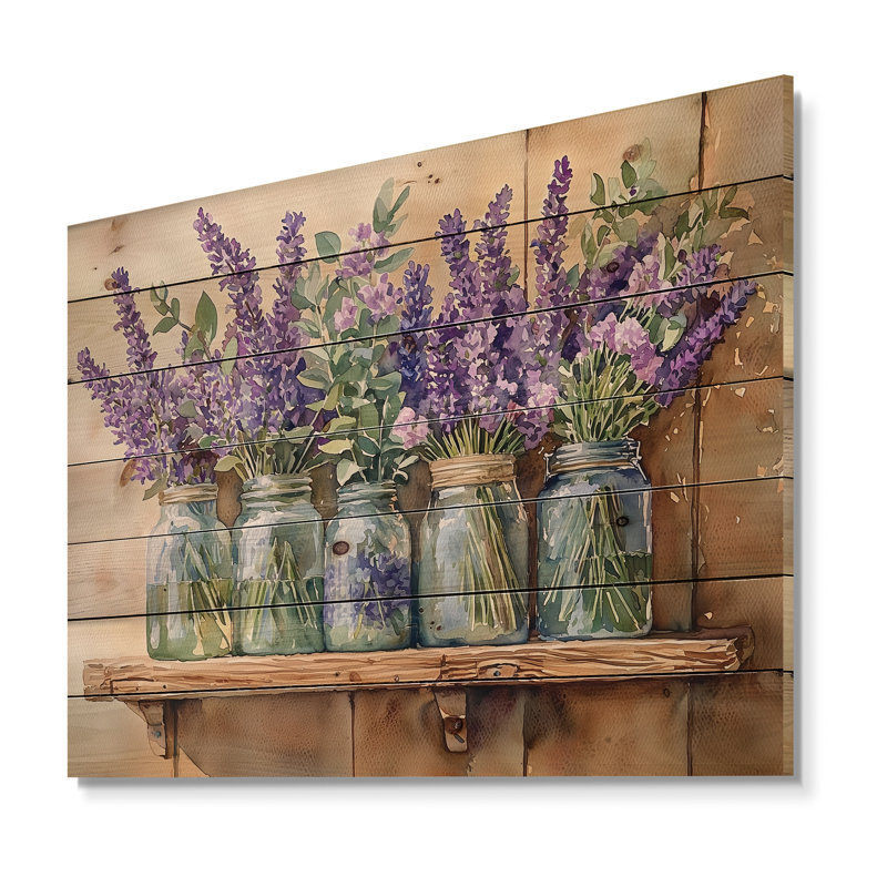 Lavande et bouquet de romarin III - Art mural en bois de lavande - sur bois de pin naturel, H 24 po x l 32 po x P 0,78 po