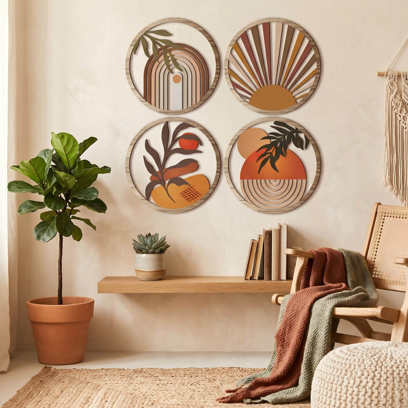 Ensemble de 4 décorations murales rondes en bois Boho