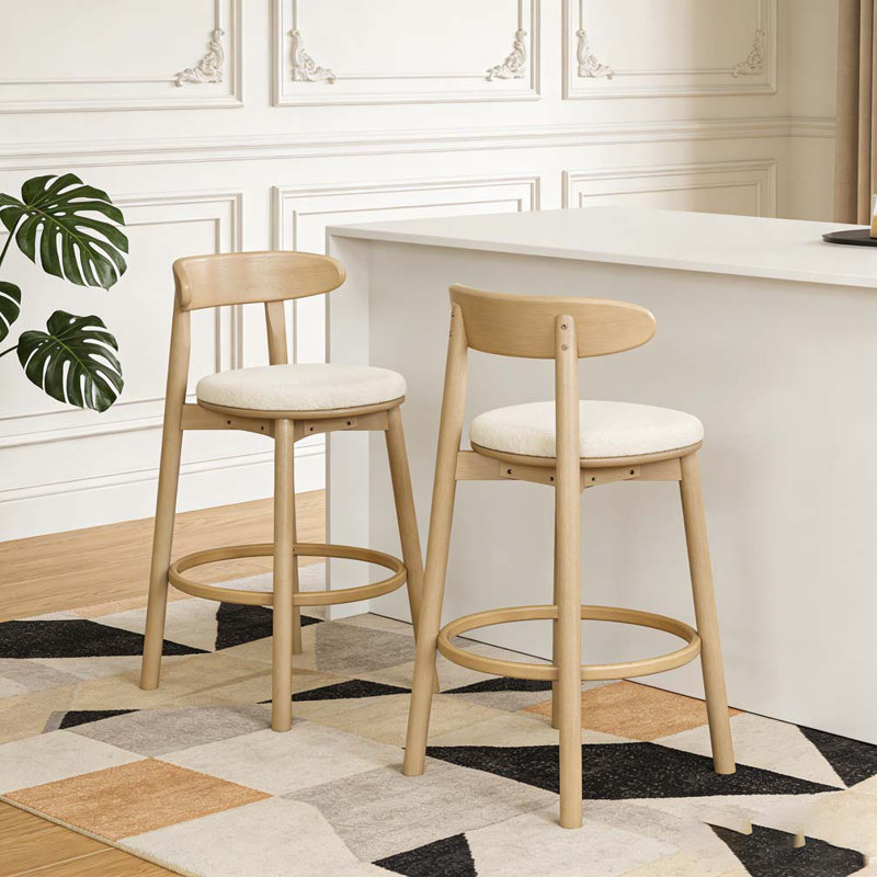 Tabourets de bar ronds à coussins, Beige, frêne naturel