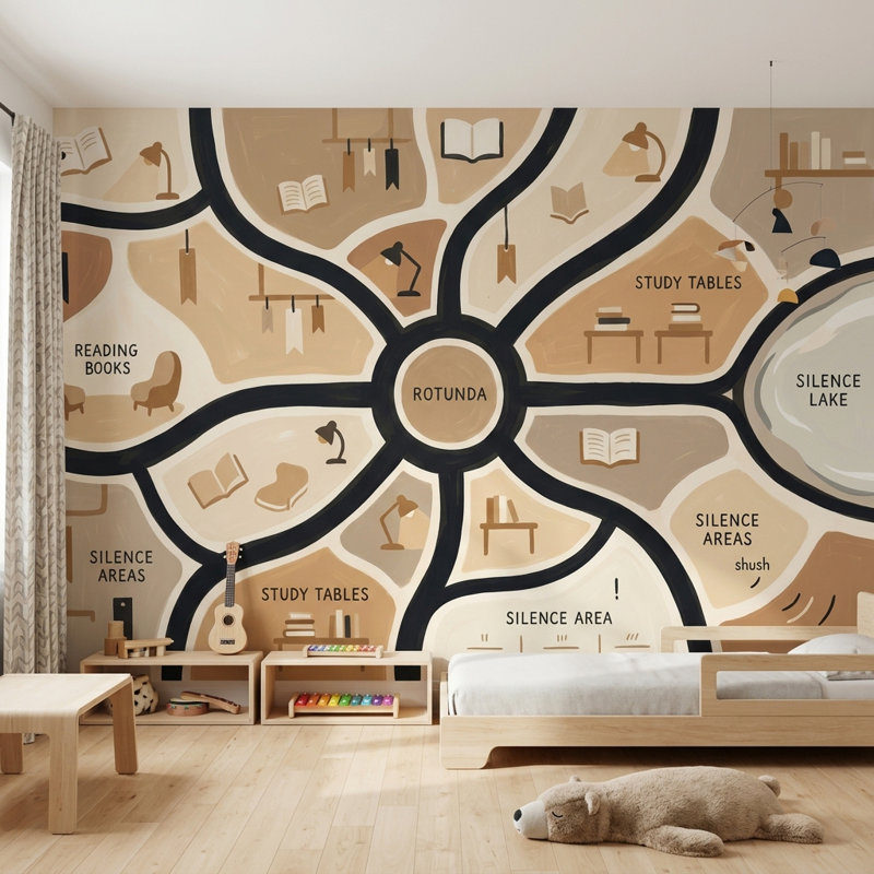 Bibliothèque murale, papier peint, zones d'étude, rotonde, 100 po x 96 po, Non tissé