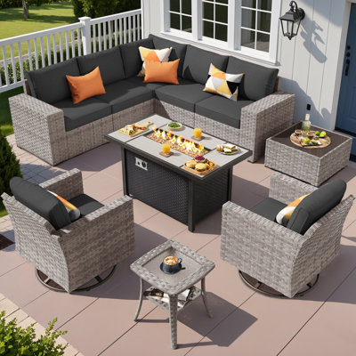 7 - Person Patio Furniture Set with Swivel Rocker, Outdoor Wicker Rattan Sectional Seating Group with Cushions, All Weather Sofa Conversation Set with Fire Pit Table for Garden Backyard