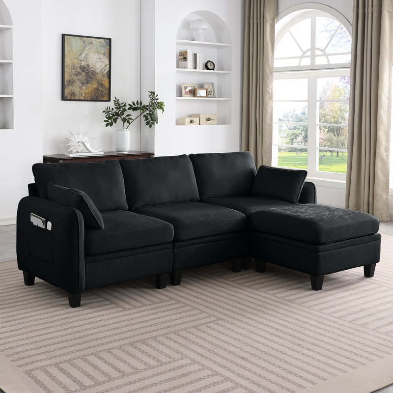 Canapé d'angle en chenille noire de 216 cm (85 po), rangement pour salon, design modulable flexible, chenille, coussins