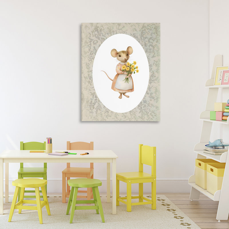 Petite souris sur toile avec fleurs, design par Arlington Prints, H 40 po x l 30 po