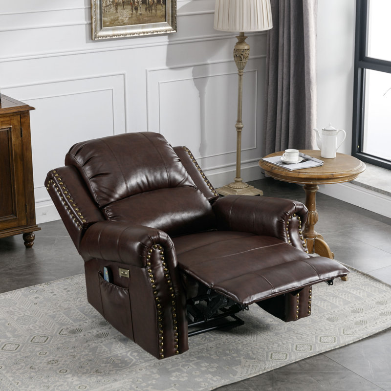 Aidin 39" Wide Top Leather Power Standard Recliner Chair Brass Nail Decoration Massage Heating(set of 2), Syrup Faux Leather