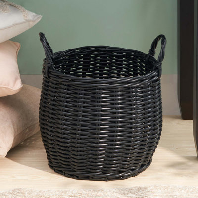 Lucius Round Resin Woven Wicker Basket With Handles - 13" X 13" X 10.2"- For Clothes, Towels, Toys, Magazines Storage And Home Decoration