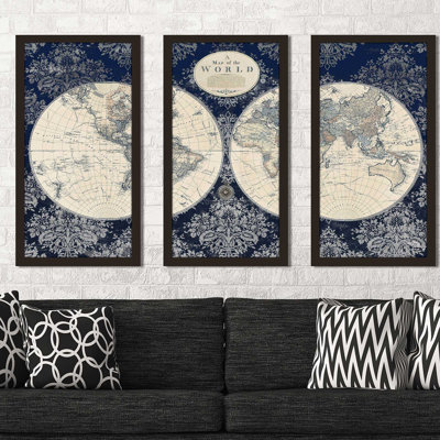Blue Map Of The World by Elizabeth Medley - 3 Piece Single Picture Frame Graphic Art