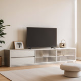 Nyazia 70.86" White TV Stand with Drawers and Sliding Acrylic Glass Door, Modern Entertainment Centre
