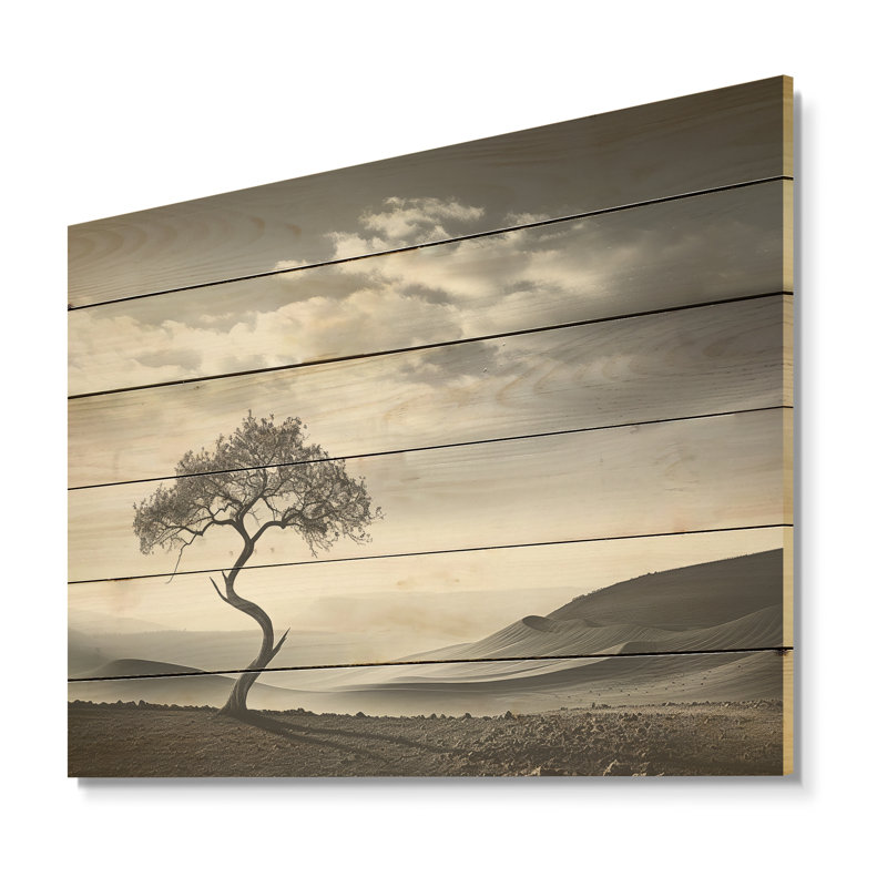 «Desert Solitude Tree Vision» - art mural sur bois de pin côtier naturel, H 30 po x l 40 po