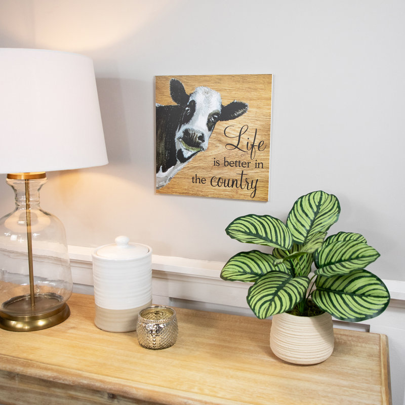 Rustic Light Brown Wood Country Wall Sign with Cow Illustration