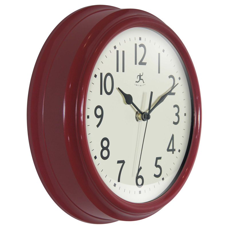 Horloge murale Mid-Century / Moderne ronde en plastique 9,5 pouces, Rouge