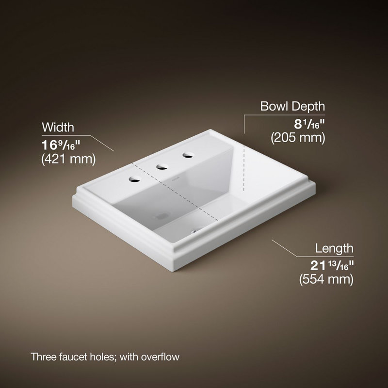 Tresham® Ceramic Rectangular Drop-In Bathroom Sink with Overflow, White, 8'' Widespread