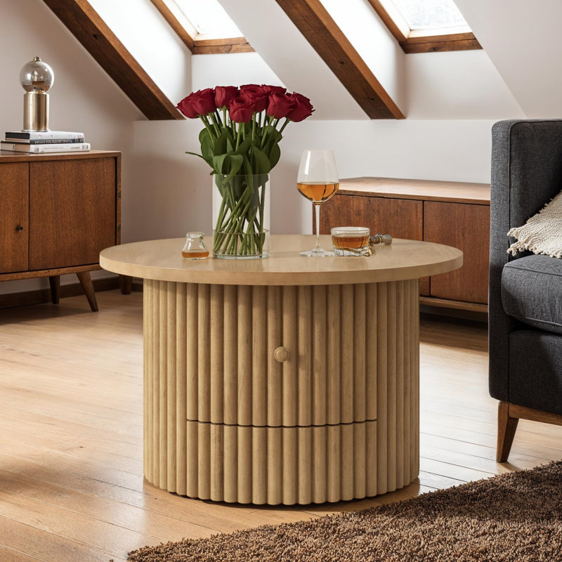 Table basse rustique ronde avec tiroir caché et base à lattes, Bois naturel