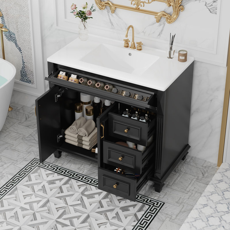 Armoire de meuble-lavabo avec tiroir rabattable, Noir, Doré