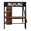 Lit mezzanine double en métal avec bureau intégré, garde-robe ouverte et tablettes de rangement