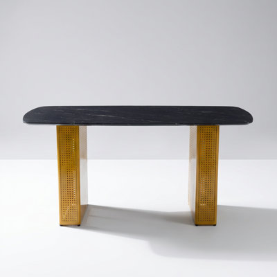 Modern Rectangular Tempered Glass Dining Table with Marble-Patterned Design and Dual-Pedestal Metal Legs