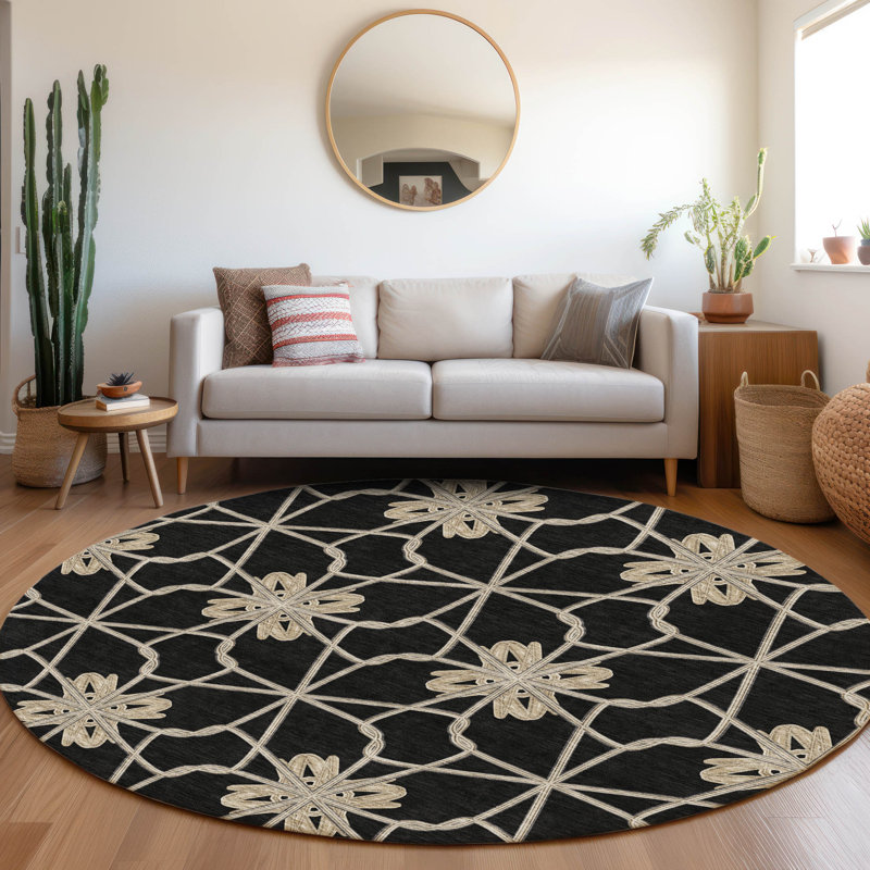 Premium Machine Washable Prisco Black Rug, Round 8'