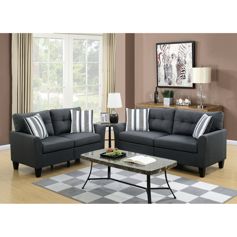 Polyfibre gris anthracite brillant 2 pièces - et avec structure en pin massif, base en contreplaqué, dossier, coussins à rayures, pieds en bois pour le salon