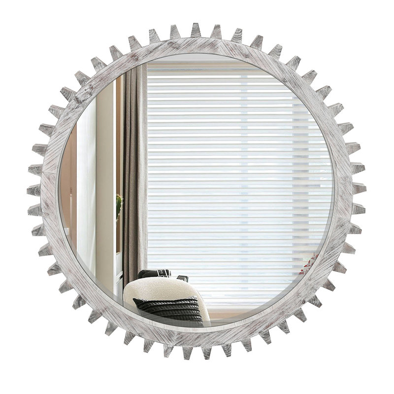 Vintage Style Gear Decorative Mirror, 34'' X 34''. Antique White Washed, Ideal For Home, Bathroom, Living Room, Entryway, Easy Mounting Large Mirror Home. Suited Effortless Install Method
