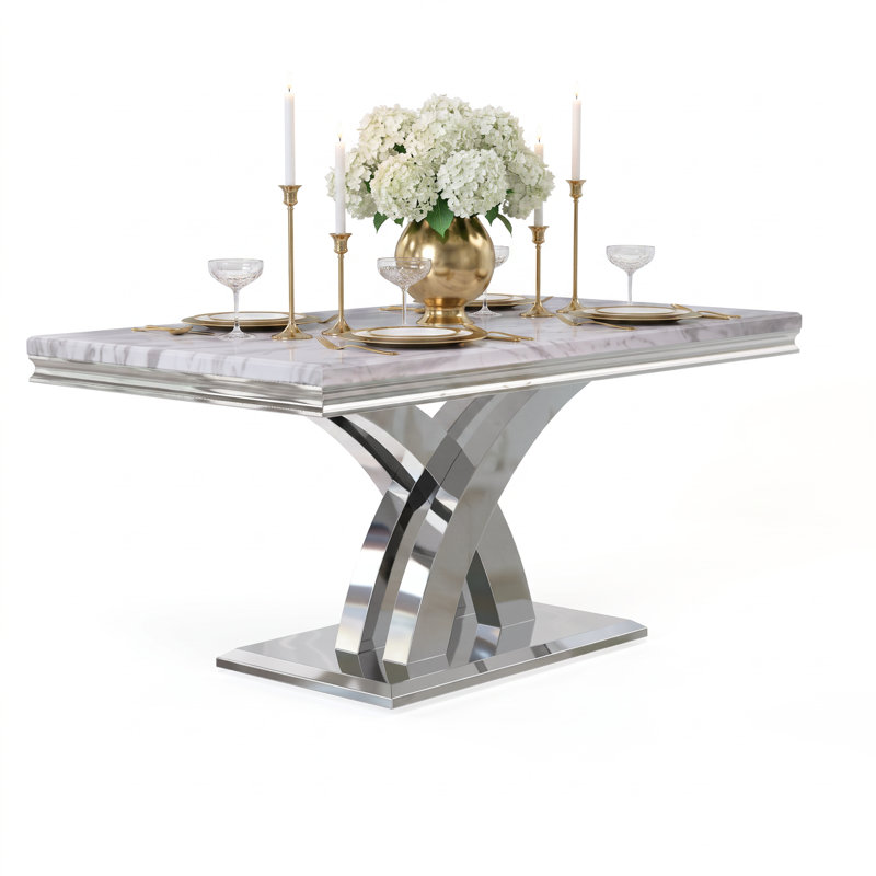 Table de salle à manger de luxe blanche avec base en X argentée