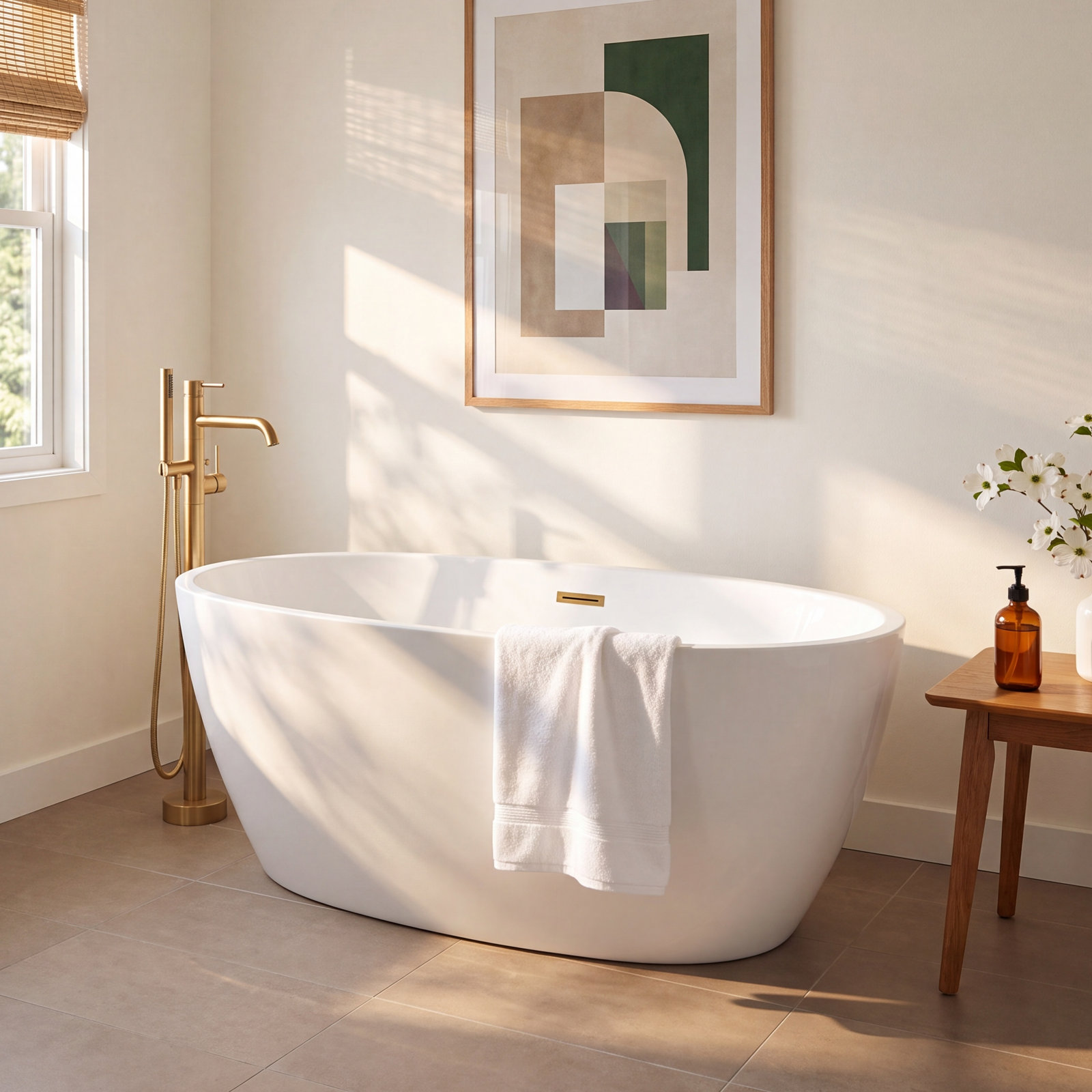 Sophia Freestanding Soaking Acrylic Bathtub, White/Titanium Gold, 22.8" H x 31.9" W x 55.1" L