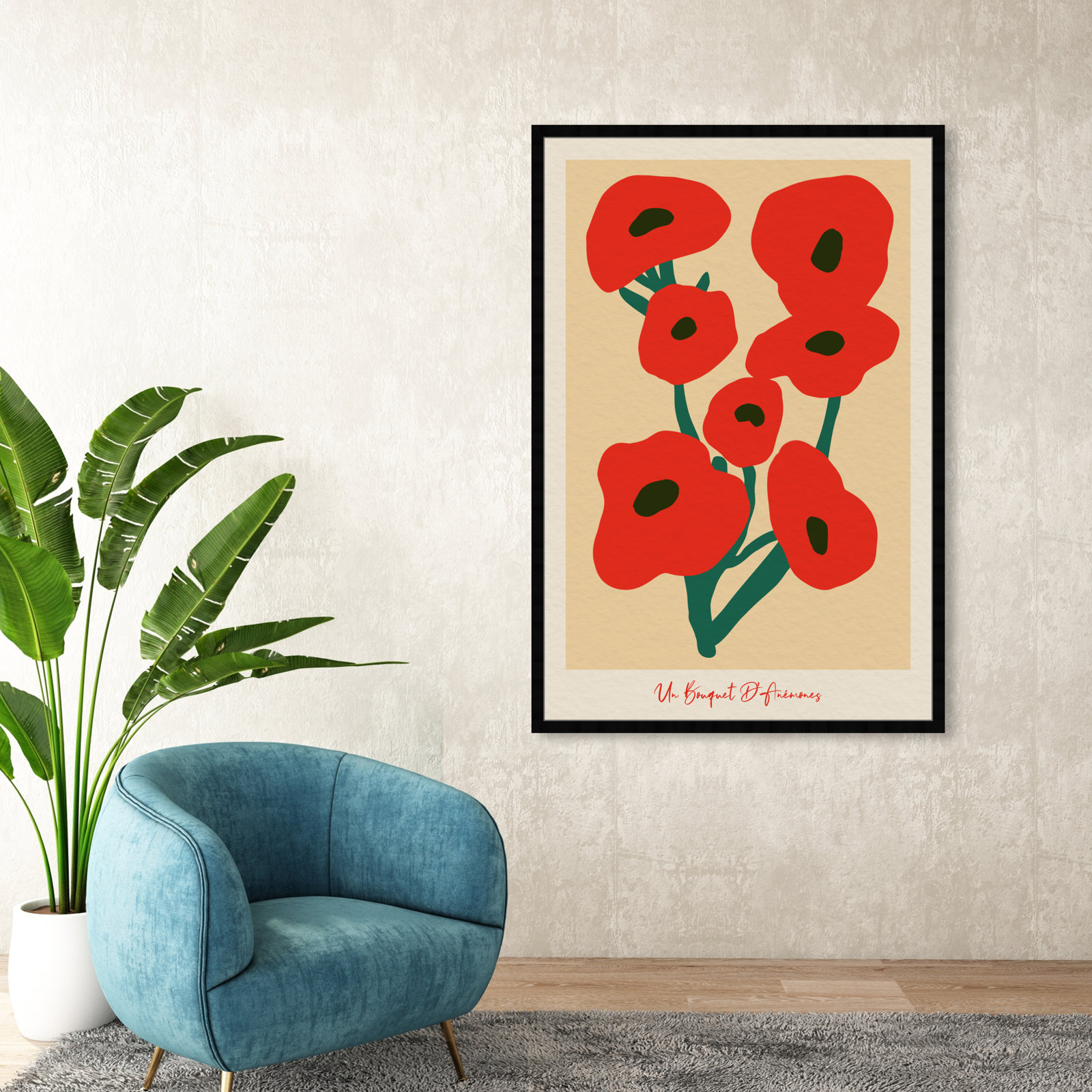 Modern Red Flower Bouquet Print, Black, 56" H x 38" W
