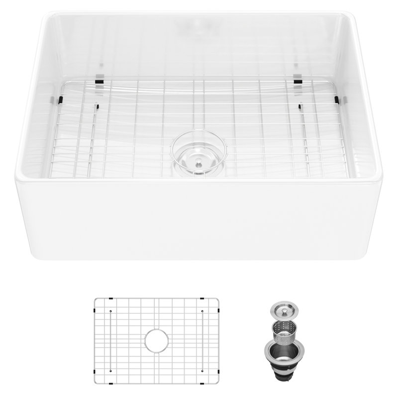 White, 28 - Inch, Single Bowl, Ceramic, Kitchen Sink, Drain Assembly, Bottom Grid, Dish Basket Strainer, Heat , Chip Stain Kitchen, Deep Bowls, , Scratch