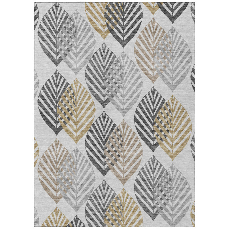 Tapis extérieur lavable à motif floral gris argenté et doré 3 pi x 5 pi