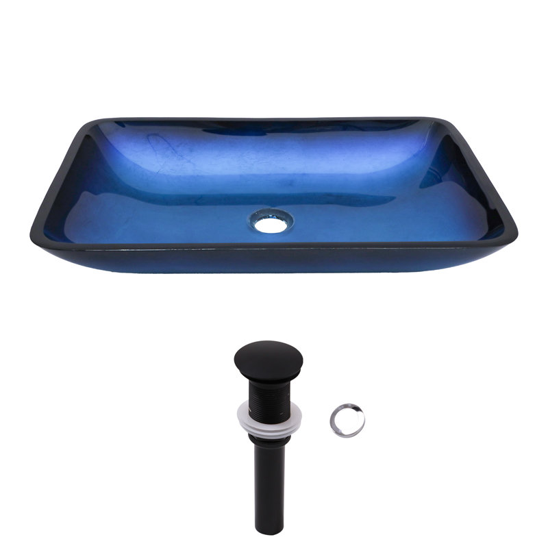 22" x 14.2" Glass Rectangular Vessel Bathroom Sink with Pop-Up Drain, Turquoise