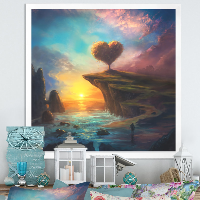 Cœur, paysage coucher de soleil - On, H 16 po x l 16 po x P 1 po, Impression blanche sur toile encadrée