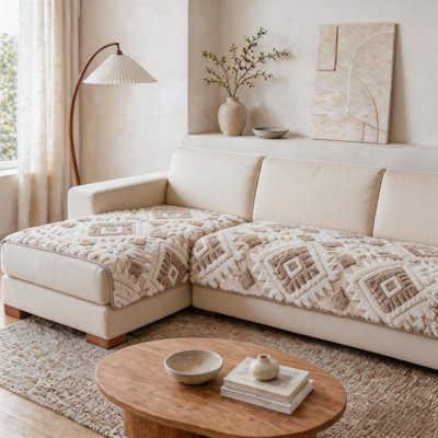 2 Piece Geometric Jacquard Sofa Cushion Cover Set, Non Slip Decorative Protector for L Shaped Couch