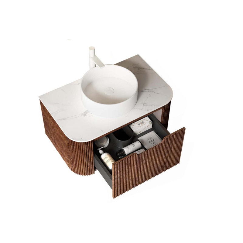 Meuble-lavabo de salle de bain avec lavabo, armoire de rangement de salle de bain murale à bordures courbes et flottantes avec tiroir, lavabo en céramique blanc sans robinet, pré-assemblé