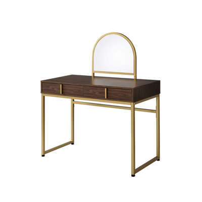 Bureau de meuble-lavabo rectangulaire avec finition or et noyer, structure en métal, plateau à bijoux en miroir, 2 tiroirs de rangement, projet de panneau de particules, largeur et finition de 42 pouces incluses, tiroirs de rangement de plateau,