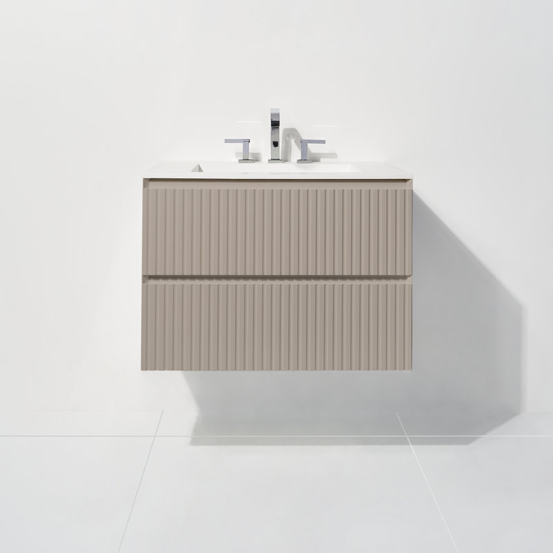 Mikhia 30" W x 21.25" D x 22" H Wall-Mounted Single Bathroom Vanity with Solid Surface Counter, Taupe