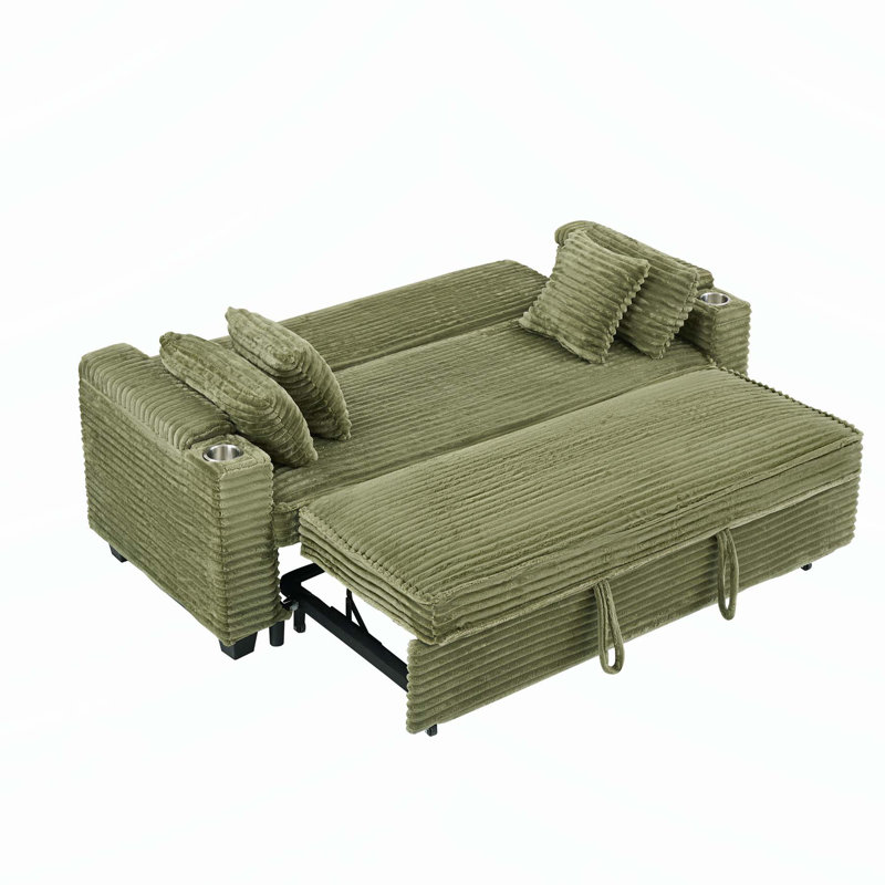 Jeffrey Convertible Corduroy Sofa Bed with Adjustable Backrest & Cup Holders, Green