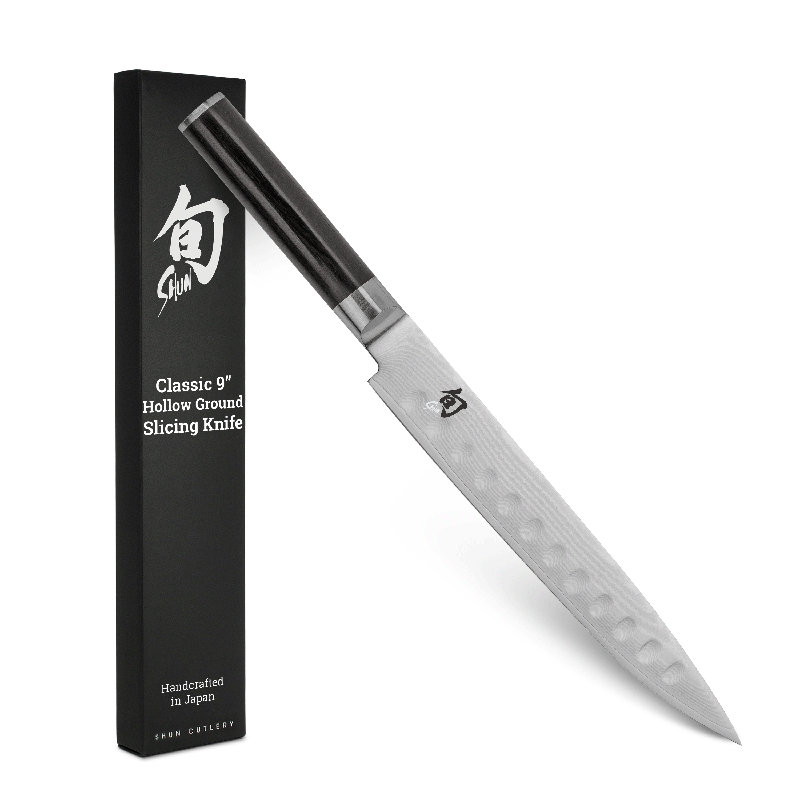 Shun Classic 9" Hollow Ground Slicing Knife, Handcrafted Japanese Meat Slicing Knife, Long and Thin Blade, VG-MAX Core with Damascus Stainless Steel Cladding, Pakkawood Handle