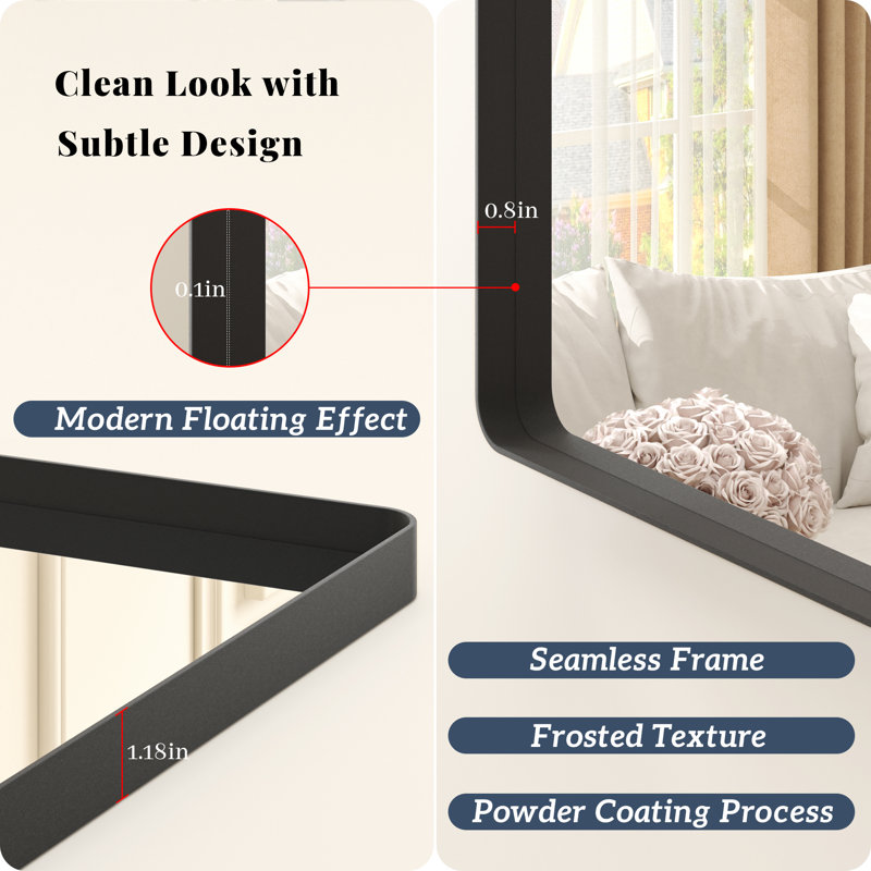 Molly Tempered Glass and Metal Framed French Cleat Mounted Wall Bathroom / Vanity Mirror, Black, 30'' x 24'', Rectangle 