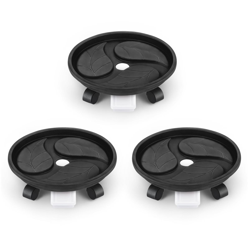 Bac à plante avec roues et plateau de drainage, support à plante sur roulettes 13 po, pot à fleurs rond pour chariot à fleurs robuste, paquet de 3, noir
