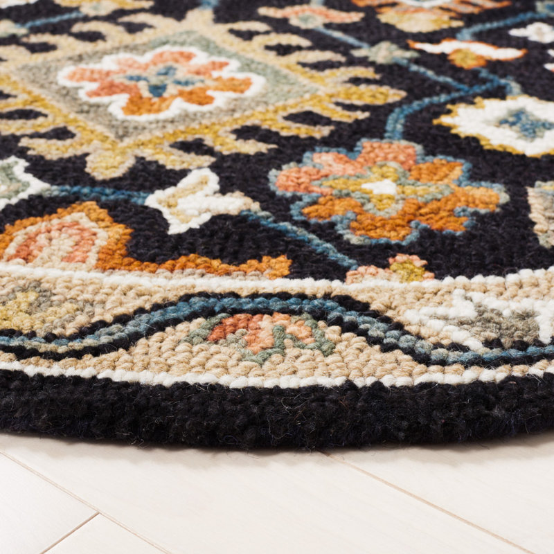 Tapis oriental beige / noir en laine / coton touffeté à la main, Rond 5 pi