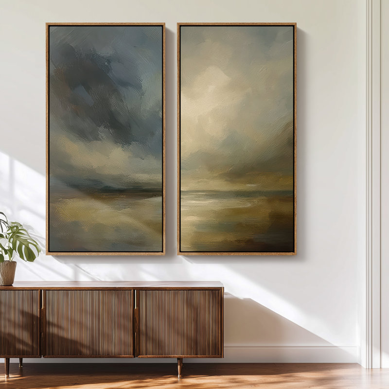 «Stormy Horizon Cloudscape Art For Room», ensemble de 2 reproductions d'art encadrées sur toile 60 po 2 pièces, Naturel