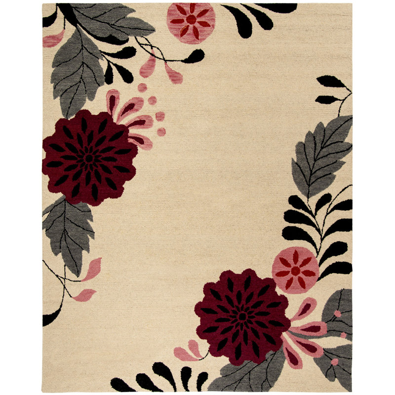 Tapis floral en laine touffeté à la main ivoire, Rectangle 9 pi x 12 pi